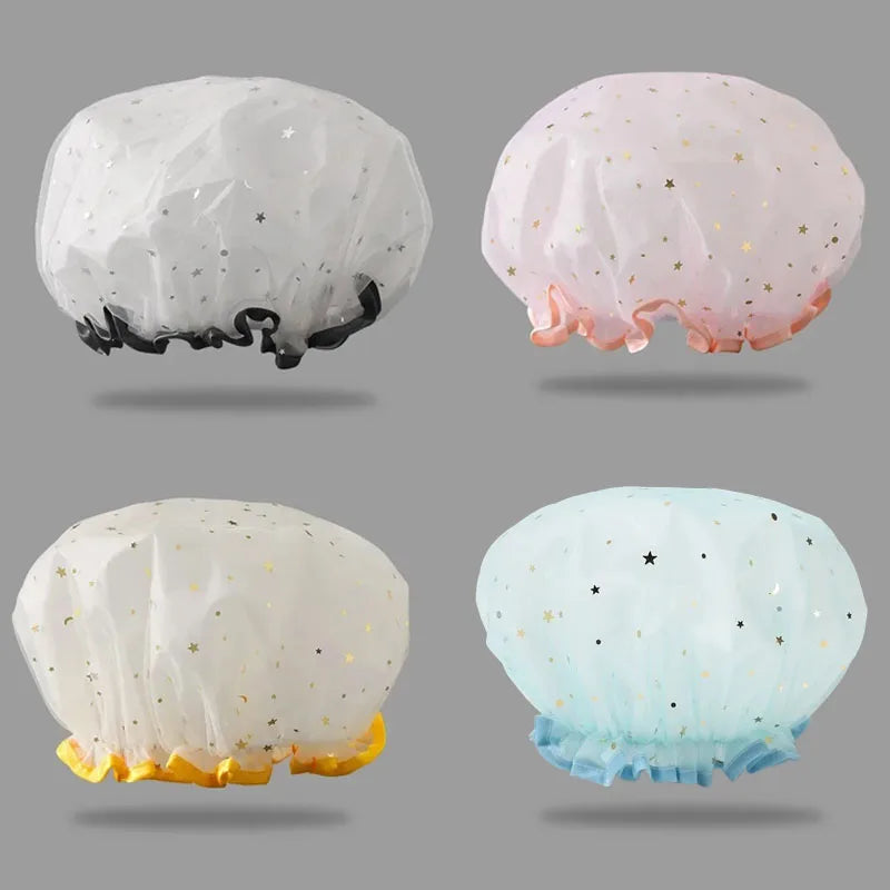 4pcs/set Bathroom Waterproof Shower Caps Fashion Double Layer Women Sleeping Cap Elastic Reusable Bathing Hat Bashroom Supplies