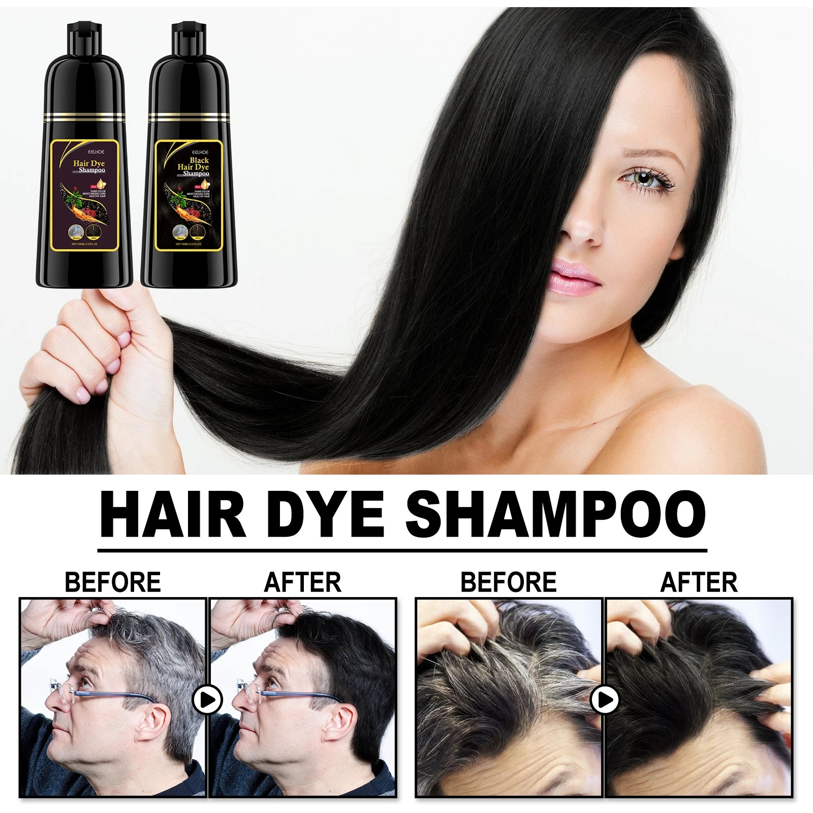 EELHOE 100ml Natural Plant Hair Dye Shampoo 3 in 1 Hair Color Shampoo for Gary Hair Quick Dark Black And Women Men Grey Coverage - BlissFully