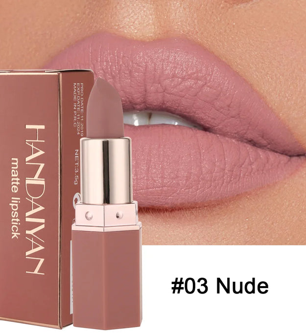 Handaiyan 6 Colors Matte Waterproof Velvet Nude Lipstick Sexy Red Brown Pigments Makeup Long Lasting Profissional