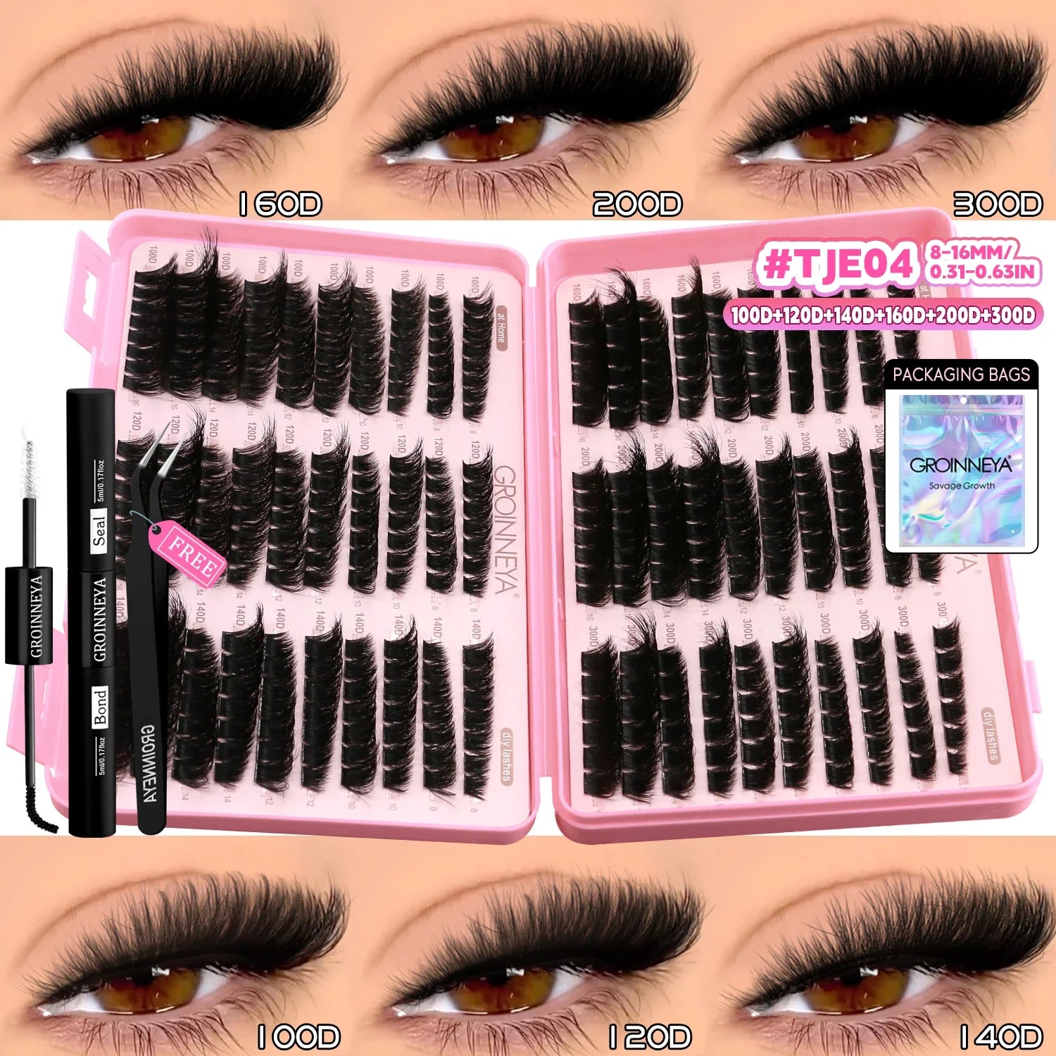 GROINNEYA Lash Clusters Kit Cat Lashes with Lash Bond & Seal Wispy Cluster Eyelash Clusters Kit DIY Eyelash Extensions at Home