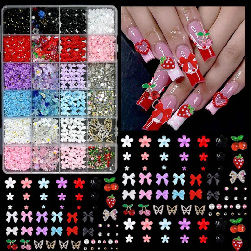 Mixed Nail Art Charms Set with Ribbons, Bows, Flowers, Cherry, Strawberry & Metal Butterflies - DIY Nail Decorations Accessories