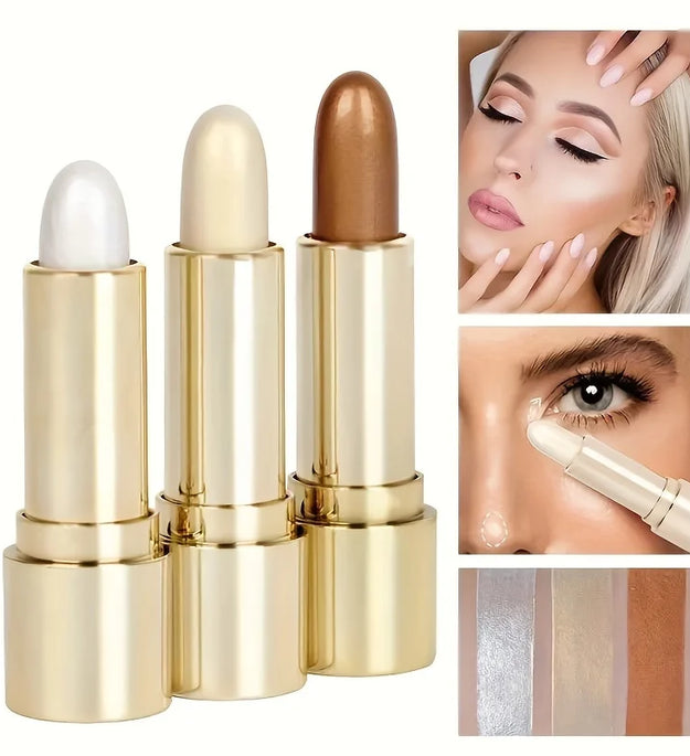 3 Color Highlighter Stick Portable Face Contour Natural Shimmer Glow Long-Lasting Cream Highlighter for Cheekbones Nose