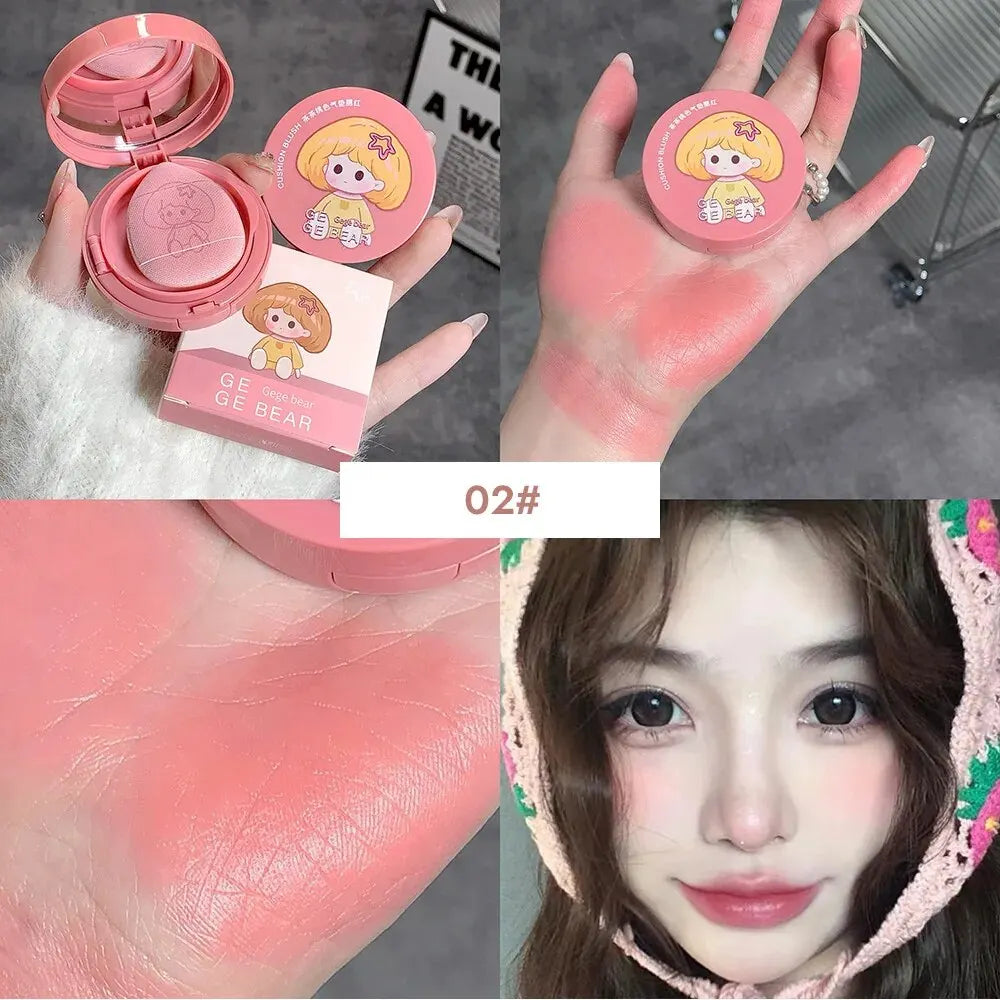 Cushion Blush Blendable Shade with Powder Puff Whitening without Sticking Long Lasting Gege Bear Makeup Blusher