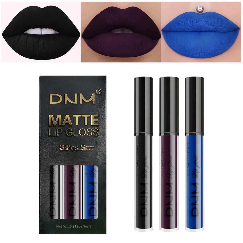DNM 3PCS Liquid Lipstick Sets Waterproof Matte Black Blue Purple Blue Sexy Lip Gloss Long Lasting Nude Lip Tint Stain Makeup Kit