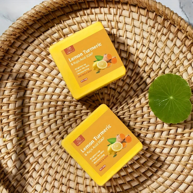 Pure Botanical Lemon Turmeric Kojic Acid Handmade Soap Set - 2 x 100g Bars, Unisex, Ideal for Home and Travel Use