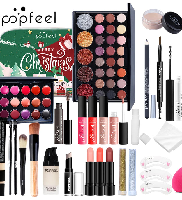 POPFEEL Christmas Makeup Set - Complete Collection of Eyeshadow, Foundation, Lipstick for Holiday Celebrations and Everyday Glam