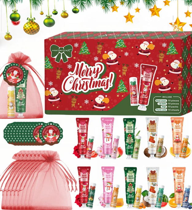 Christmas kit-10 sets/box hand cream kit, lip balm set, with Santa Card and red gift bag, party gift distribution