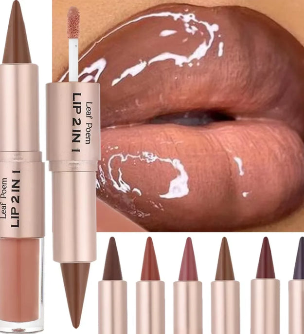 2IN1 Tapered Gradient Lipliner Pen Nude Brown Mirror Glass Lip Gloss Matte Lip Liner Waterproof Lip Contour Non Stick Makeup