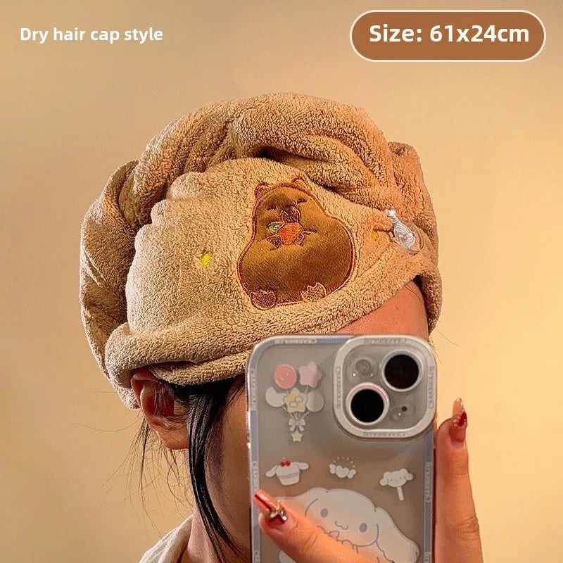 Capybara Dry Hair Cap Coral Fleece Quick Dry Towel Super Absorbent Capybara Head Turban Cute Animal Soft Hair Wraps for Women