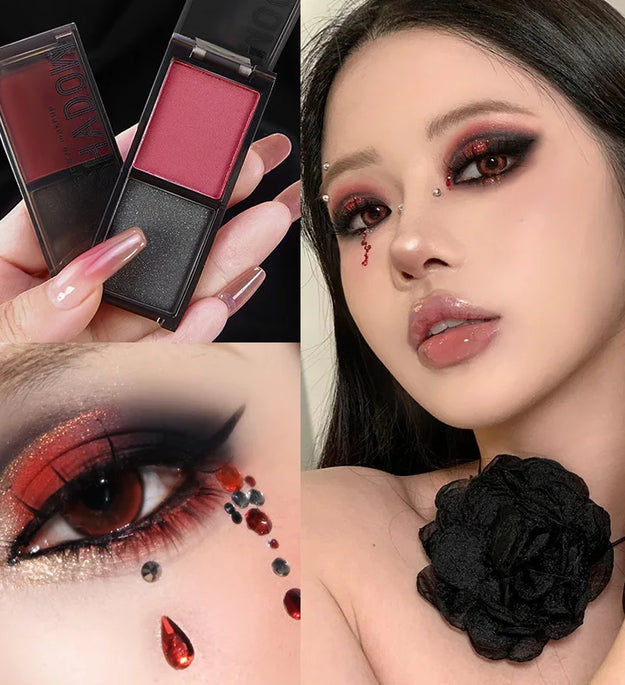 2-Color Red Black Smoky Eyeshadow Palette Matte & Shimmer Waterproof Dark Punk Halloween Makeup Glitter Pigment for Eyes