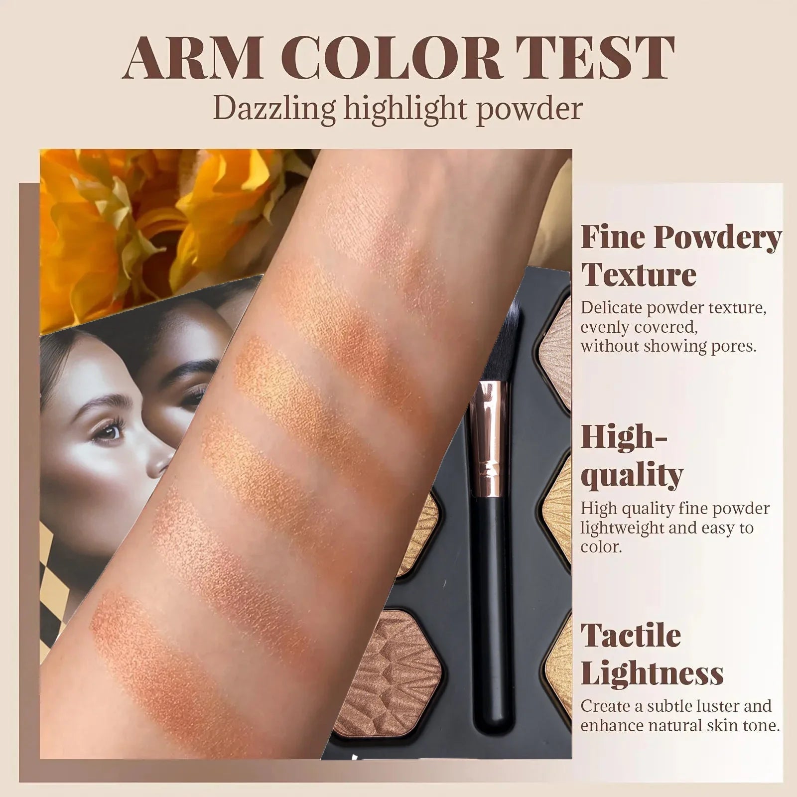 6-Color Bronzed Fine Glitter Highlighter Palette - Eyeshadow Brush Included Contour Highlighter Sculpts Facial Bones