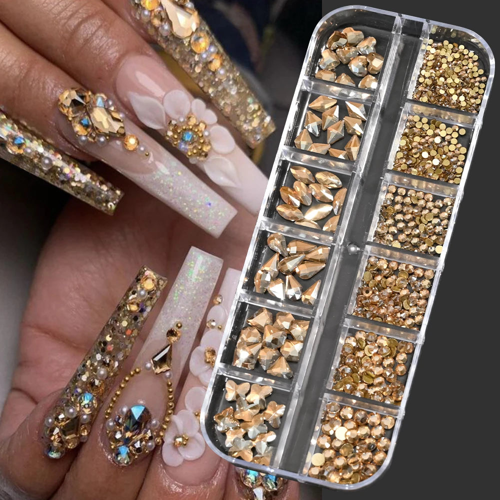 12Grids SS6-SS30 Mixed Nail Rhinestones Shiny Clear/Gold/Pink/Blue Diamond Flat-back Nail Gems Glass Stones Nails Decoration