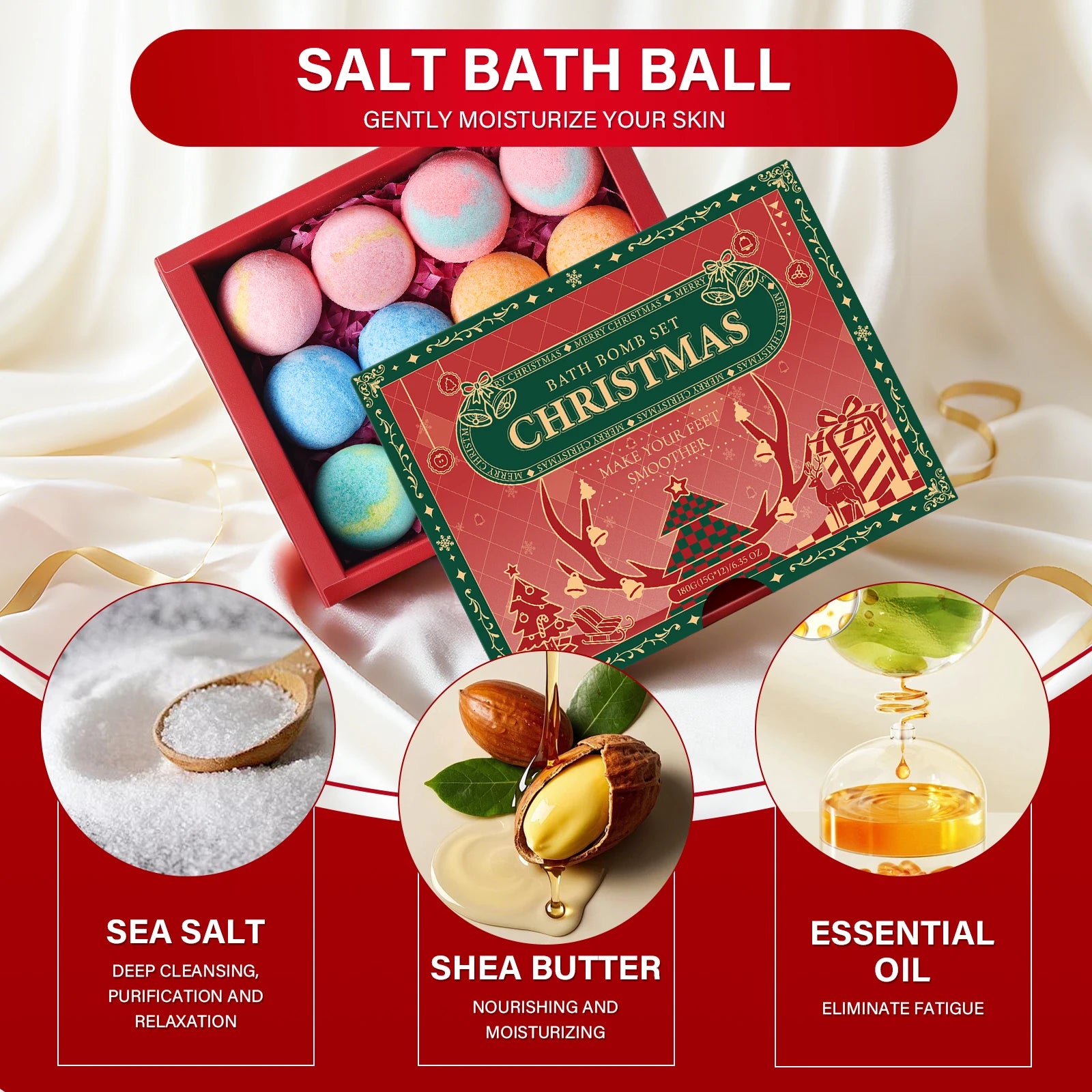 Sea salt bath ball Christmas gift box set, fragrance bathroom, healing and regulating skin oil secretion