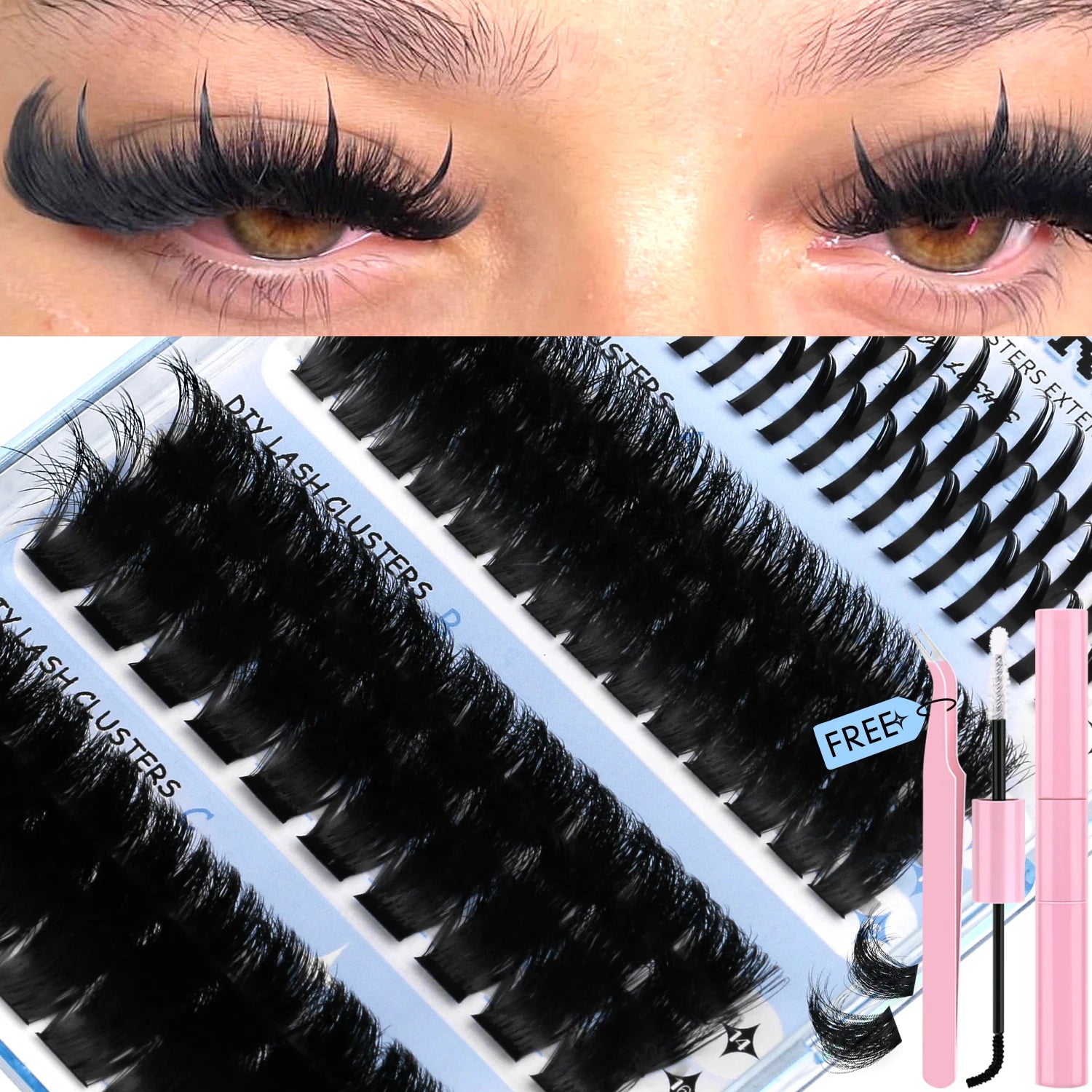 Lasvirey Cluster Lashes Kit DIY Fluffy Lash Clusters 4 IN 1 Mixed Full Set Individual Eyelashes Extension with Lash Bond & Seal