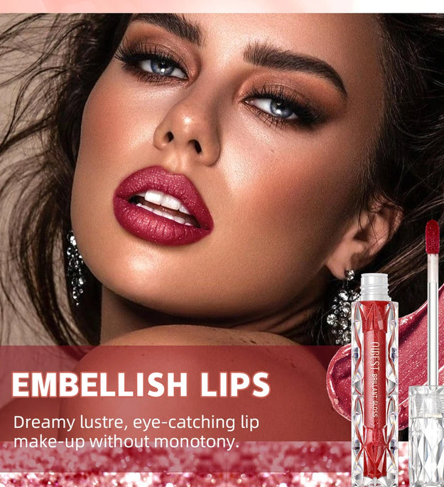 QIBEST Shimmer Lip Gloss Diamond Glitter Lip Tint Waterproof Long Lasting Matte Liquid Lipstick Red Purple Lipgloss Women Makeup