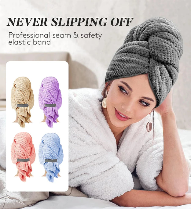 Microfiber Hair Towel Extra Large Wrap Quick Dry Hair Towel Wrap With Elastic Band , Ultra Absorbent Soft Hair Towel Wrap Turban