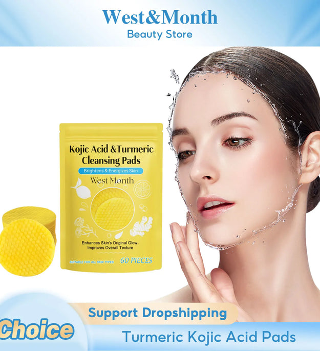 Turmeric Kojic Acid Cleansing Pads Exfoliating Remove Dead Skin Acne Fade Melanin Oil Control Nourish Glow Facial Wash Sponges