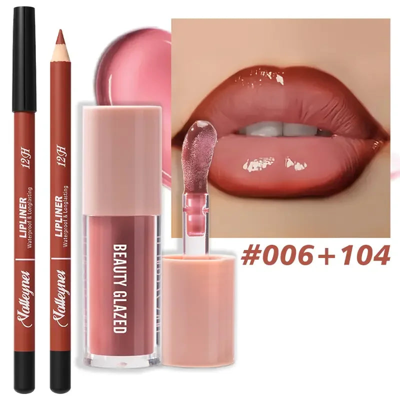 2pcs Waterproof Long-Lasting Matte Lip Makeup Set - Lip Liner & Glaze Combo with Pencil Texture, Red, Brown, Pink, Nude Tones