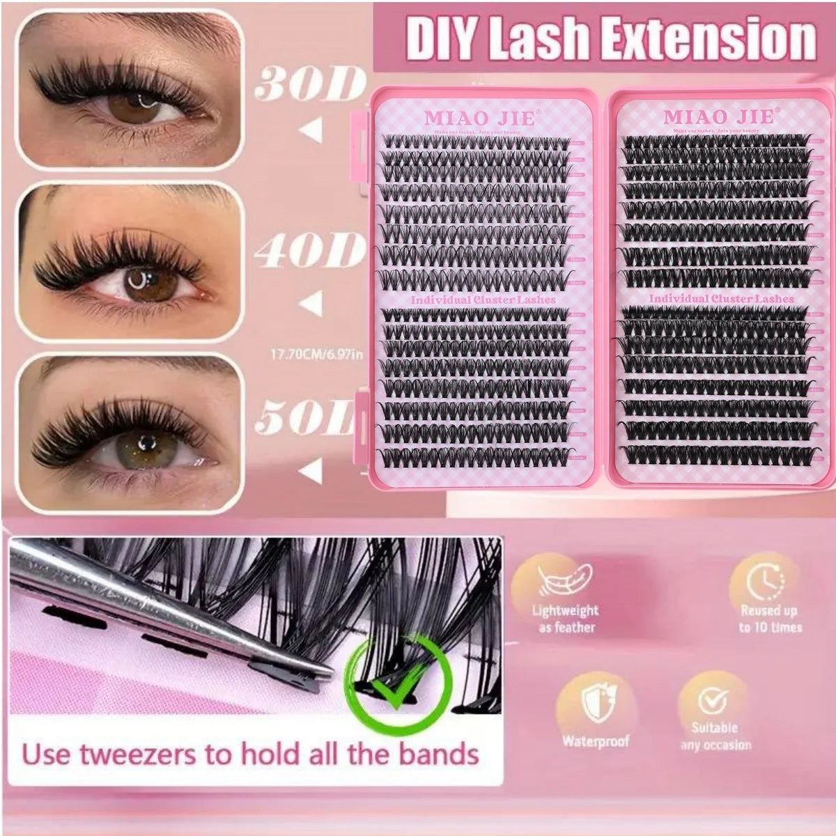 MIAOJIE Eyelash Extension Kit Complete 640pcs D Curl Eyelash Extension Kit with Cluster Eyelashes, Applicator and Bond & Seal