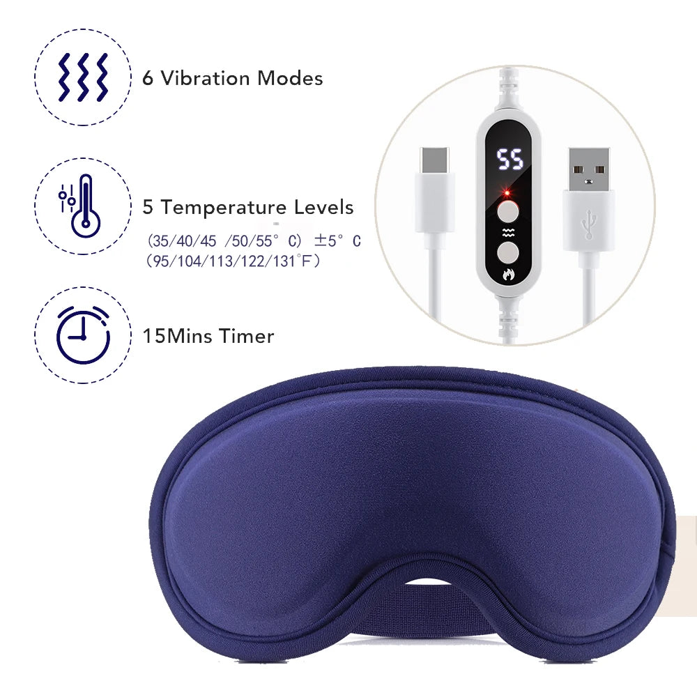 Hot Compress Eye Mask USB 6 Vibration Massage Dry Eyes Relief Heated Steam Eyemask with Remote Control For Sleeping Office