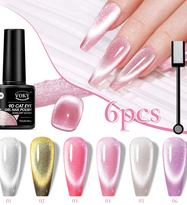 6pc Glitter Cat Magnetic Nail Gel Polish Set Cat Eye Holographic Reflective Semi Permanent UV Gel Soak Off Sparkling Nail Art