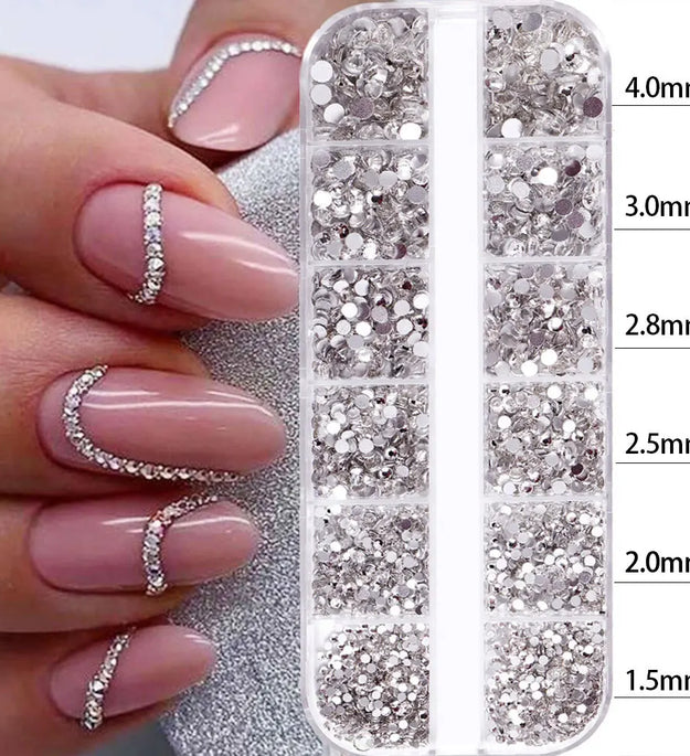 2400pcs+ Shiny Clear Crystal Gems Nail Rhinestones 1.5-4mm Mixed Round Glass Stone Flatback Nail Charms 12grids Nail Diamond DIY