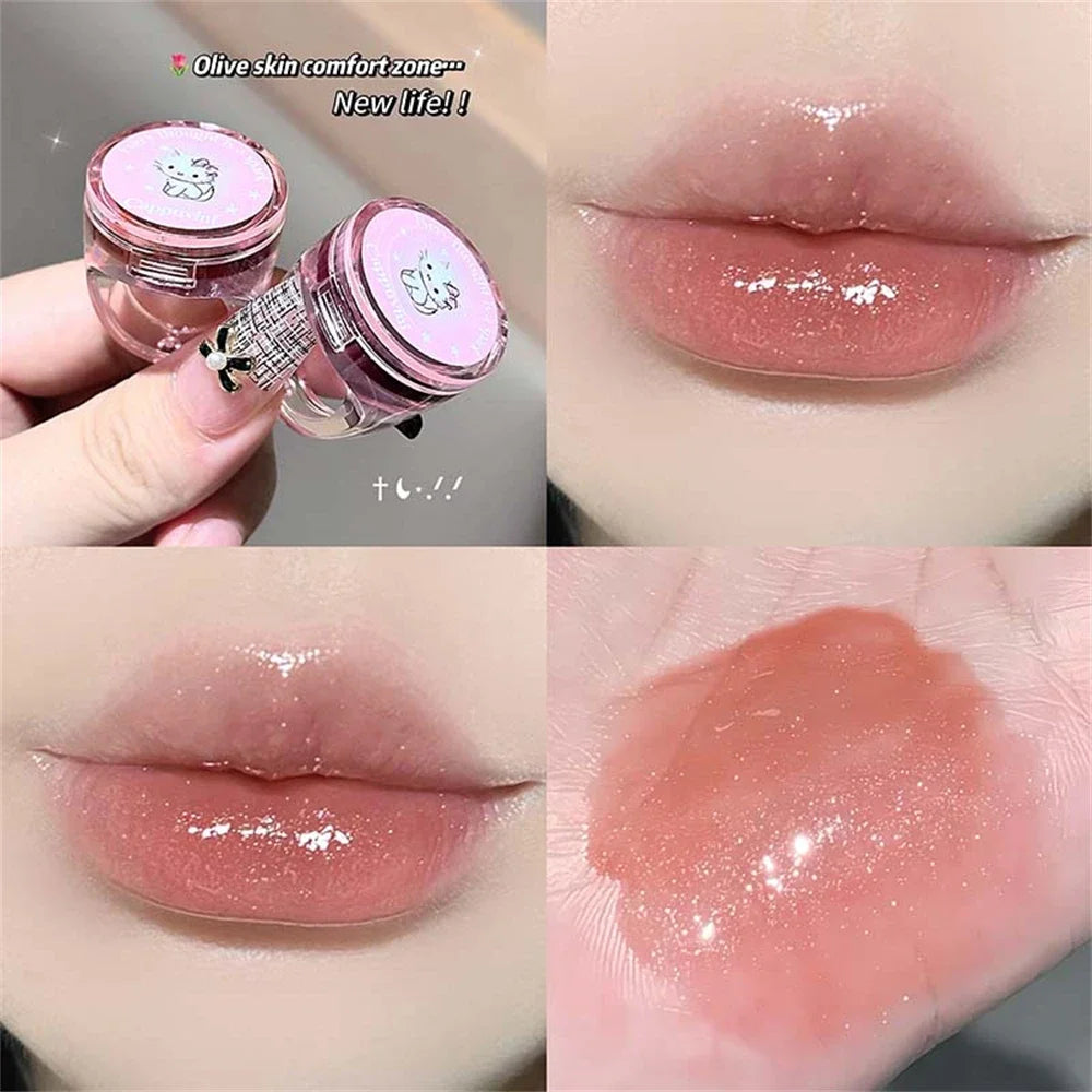 Crystal Grape Mirror Glassy of Cute Ring Lipstick Hydrating Sheer Glitter Tint Lip Balm Non-Sticky Plumper Lip Gloss Makeup
