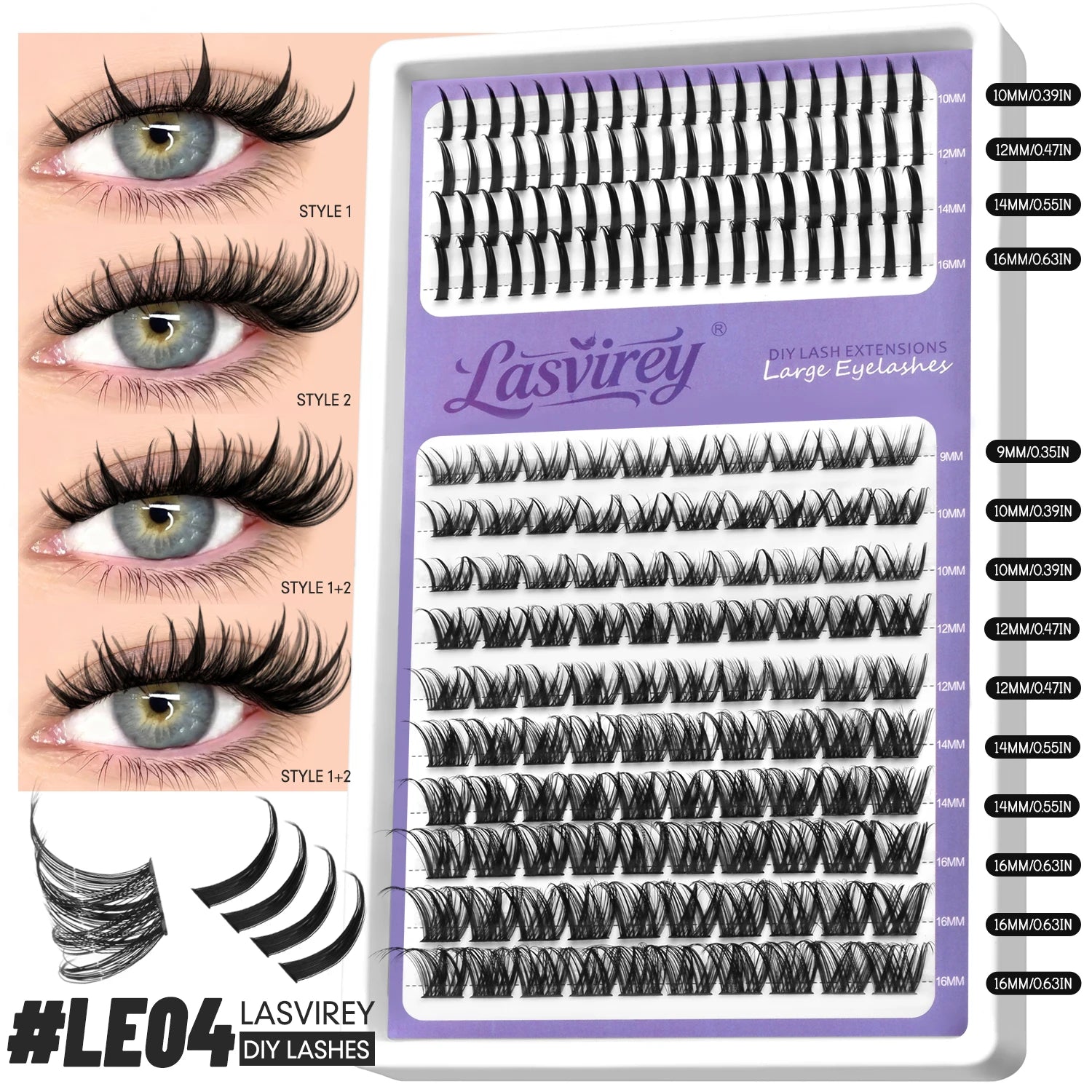 LASVIREY Fluffy Lash Clusters DIY Spiky Cluster Lashes Mixed Tray Individual Lashes Extension Natural Thick Faux Mink Lashes