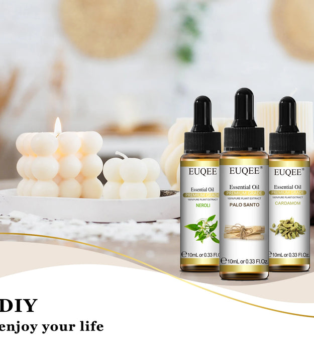 EUQEE 10ML Palo Santo Natural Essential Oil With Glass Dropper Oregano Cardamom Marjoram Fennel Lemon Eucalyptus Aroma Oils