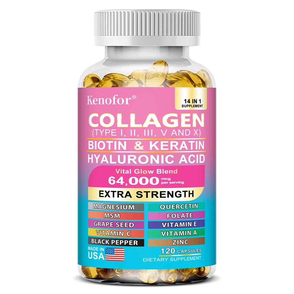 Kenofor Collagen 1000mg with Biotin 10,000mcg, Keratin Hyaluronic Acid Vitamin C Healthy Formula Dietary Supplement Gluten Free
