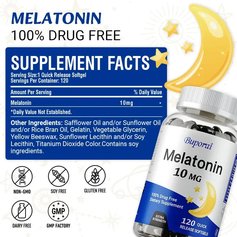 Buporai Melatonin 10mg - Adult Sleep Aid, Improves Insomnia, Relaxes Mood, Promotes Deep Sleep, Gluten Free, Non-GMO