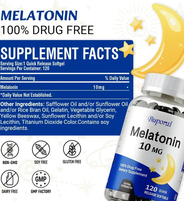 Buporai Melatonin 10mg - Adult Sleep Aid, Improves Insomnia, Relaxes Mood, Promotes Deep Sleep, Gluten Free, Non-GMO