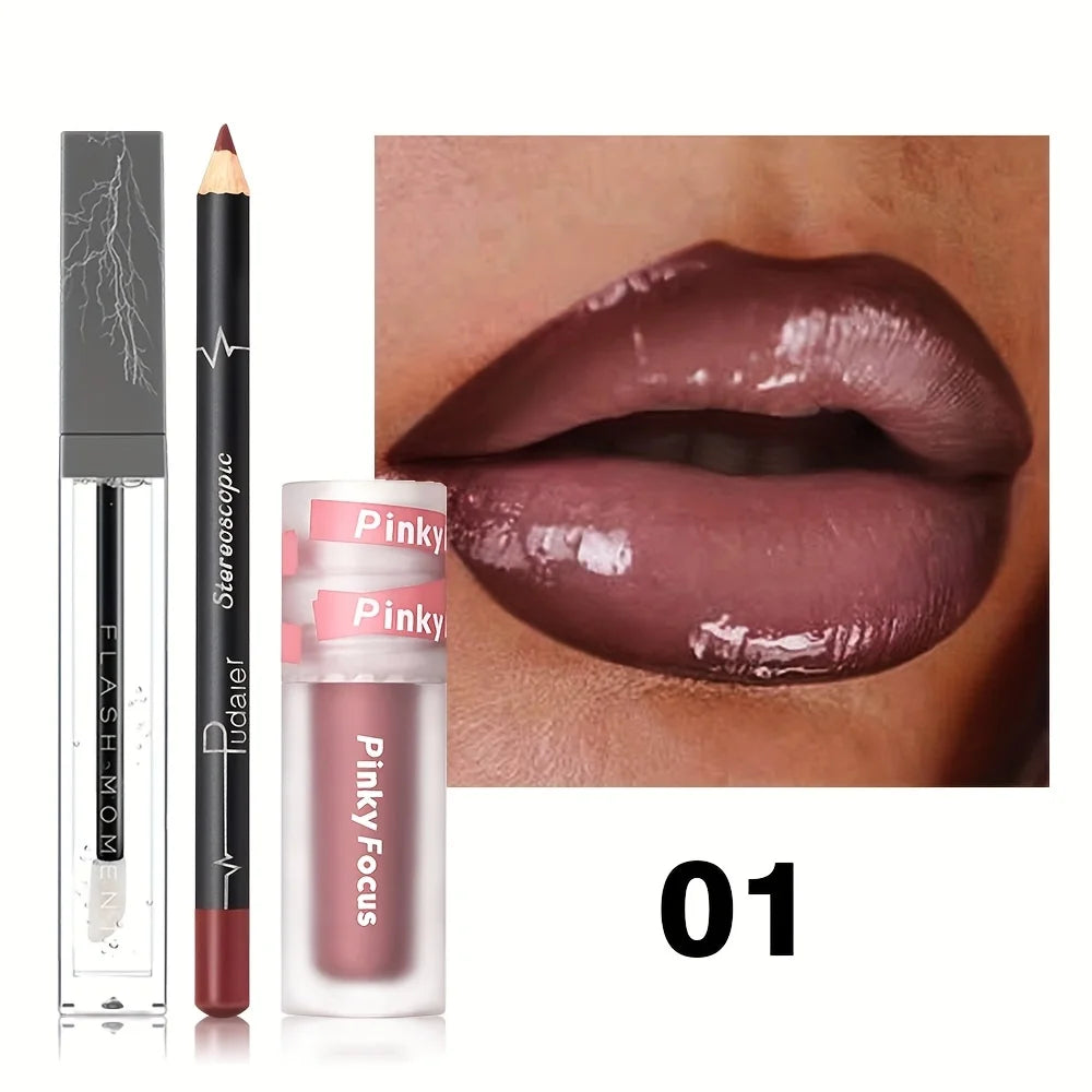 3PCS Shimmer Moisturizing Lip Gloss - Lip Liner and Lip Mud and Oil, Non-Sticky,Glitter, Nourishing Glossy Moisturizing Lipstick