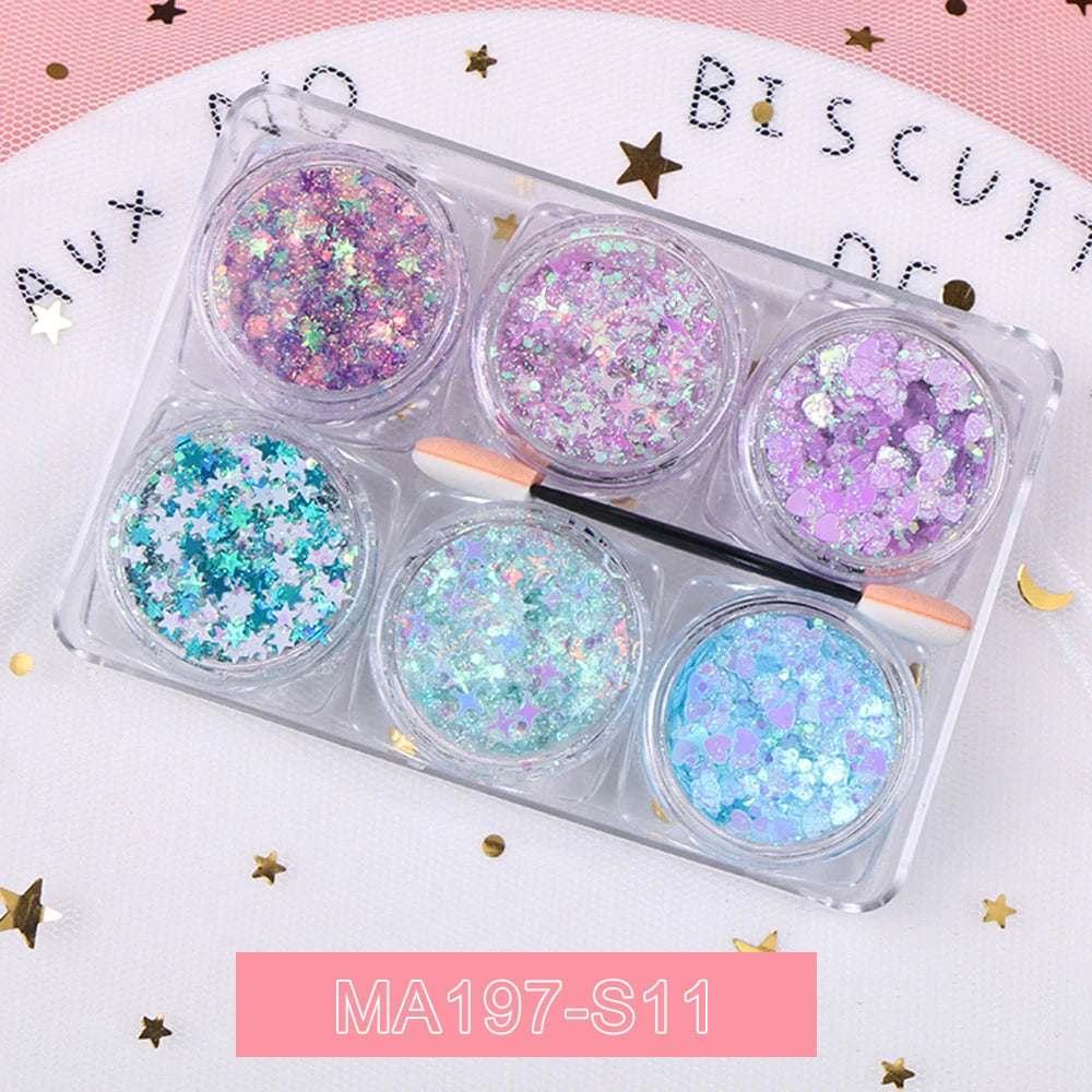 6Jars/Set Face Eye Body Hair Nail Glitter Sequins Sparkling Heart/Star/Hexagon Eyeshadow Flakes for Christmas Party Makeup Decor