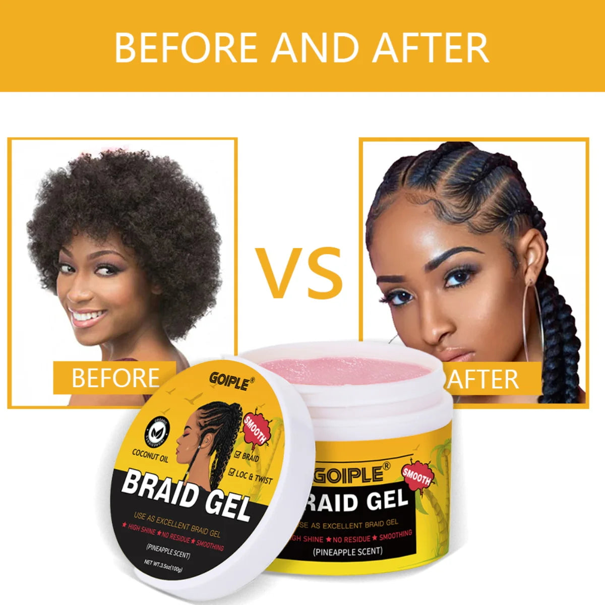 GOIPLE 100g Pineapple Scent Braid Gel Smooth Non-Flaking Hairstyle Fixative Cream Tames Frizz Stronghold Twists Hair Styling Gel