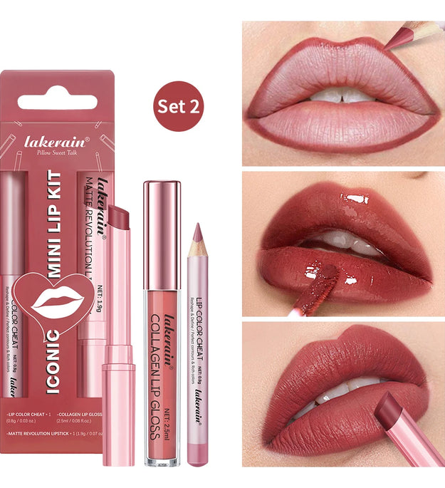 Lipliner&Lipstick Lip Gloss Set 3pcs/set Waterproof Long Lasting Lip Makeup Matte Travel Mini Set Women's Makeup Cosmetics