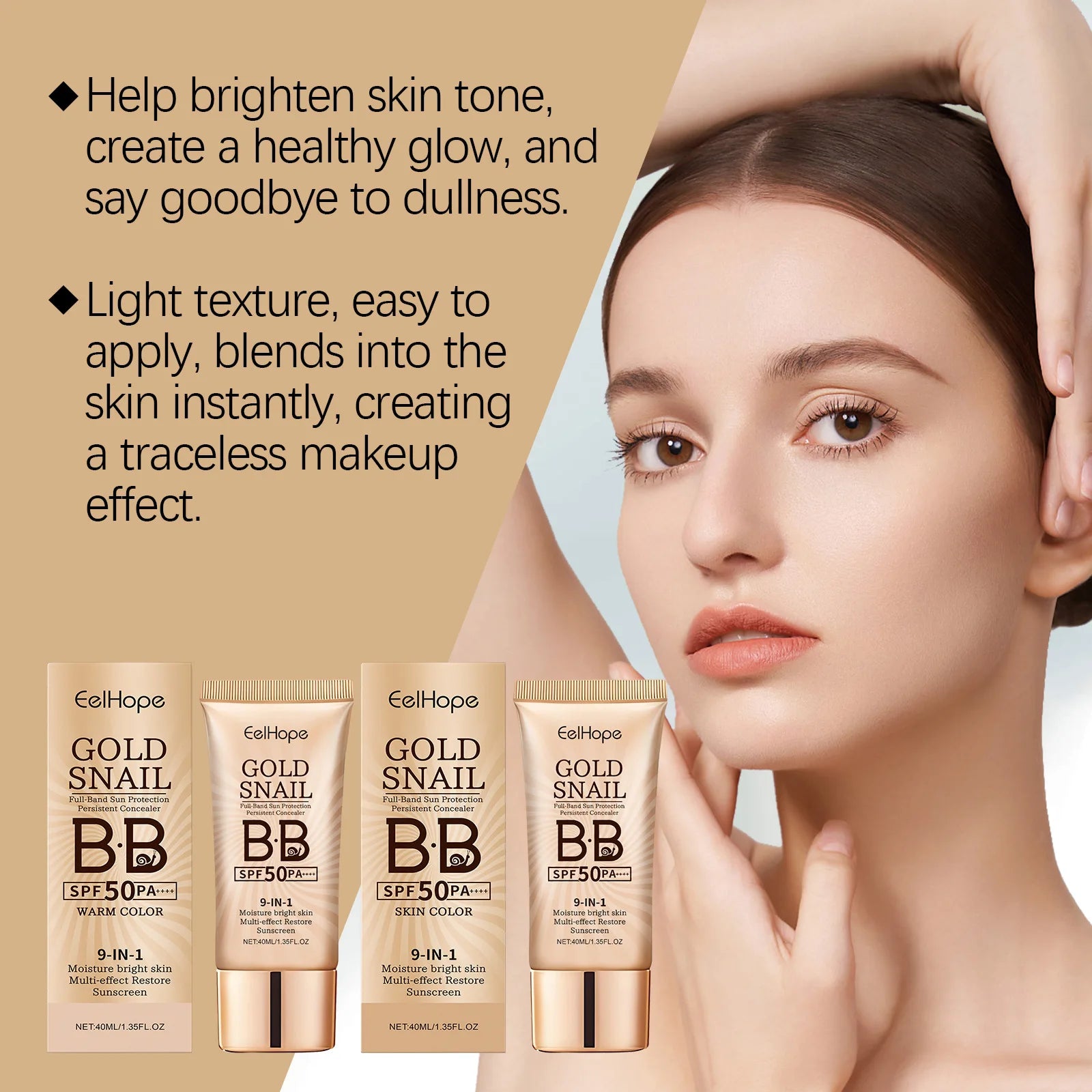 Gold Snail Sunscreen BB Cream SPF 50 Sun Block Makeup Moisturize Face Concealer Long-Lasting Isolation Lotion Concealer Cosmetic