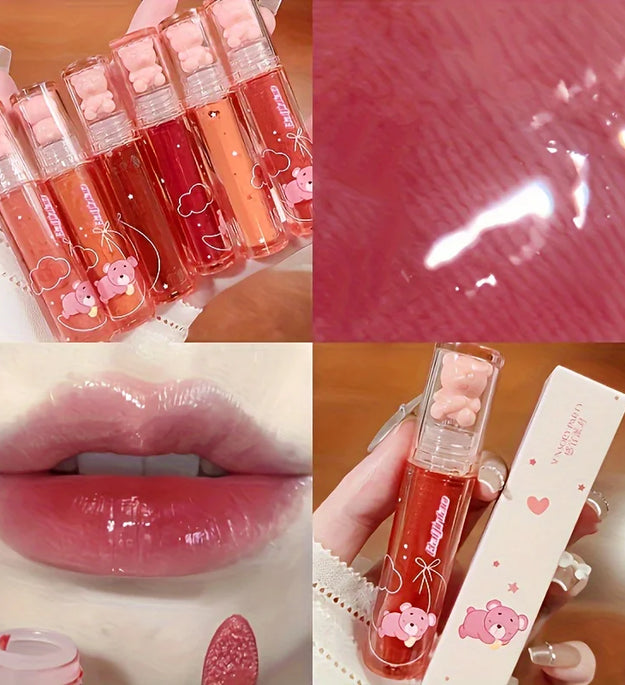 6 color lip glaze, cute little bear, mirror gloss, jelly lips with sparkling light dew water, long-lasting stain resistant trans