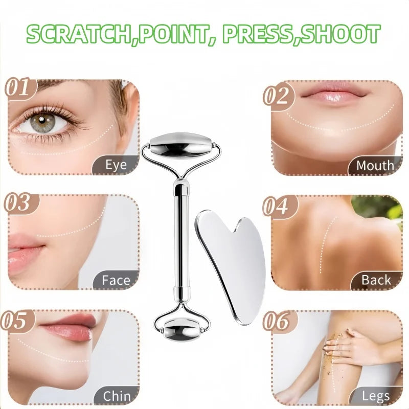 Stainless Steel Gua Sha Scraping Massage Roller - Facial & Body Beauty Tool for Skin Care, Lymphatic Drainage, Anti-Aging - BlissFully
