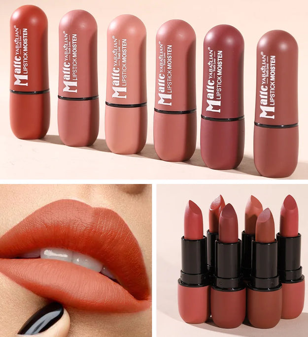 6-Color Matte Lipstick: Velvet Lip Color, Smooth, Waterproof, Long-Lasting Color Lip Makeup
