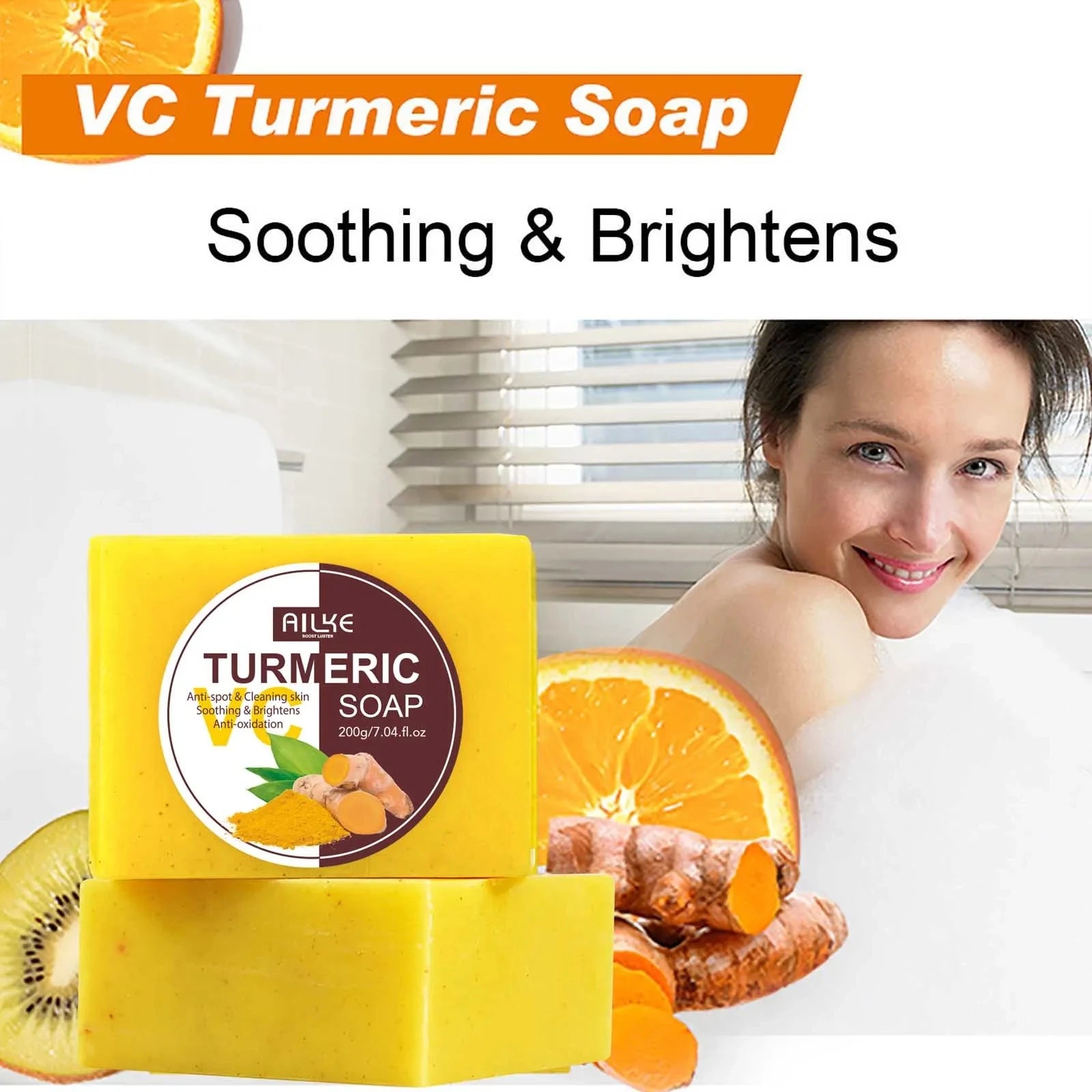 AILKE Natural Turmeric Soap for Face & Body, Whitening, Clean Stains, Even Skin Tone, Remove Acne, Age Spot, Black Spot, 200g