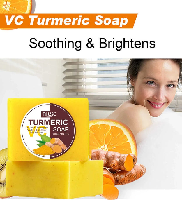 AILKE Natural Turmeric Soap for Face & Body, Whitening, Clean Stains, Even Skin Tone, Remove Acne, Age Spot, Black Spot, 200g