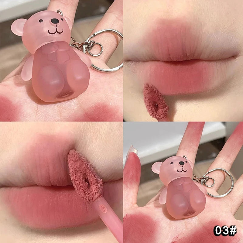 Cute Bear Keychain Velvet Mist Lip Glaze Waterproof Lasting Matte Lipstick Orange Lips Tint Women Dupes Korean Makeup Cosmetic