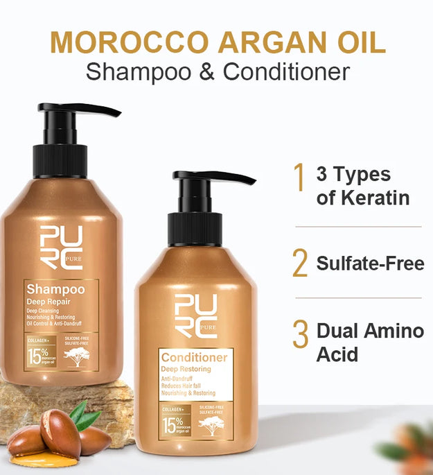 PURC Morocco Argan Oil Shampoo Conditioner Set Smoothing Nourishing Repair Damaged Frizz Hair Scalp Treatment Hair Care - BlissFully