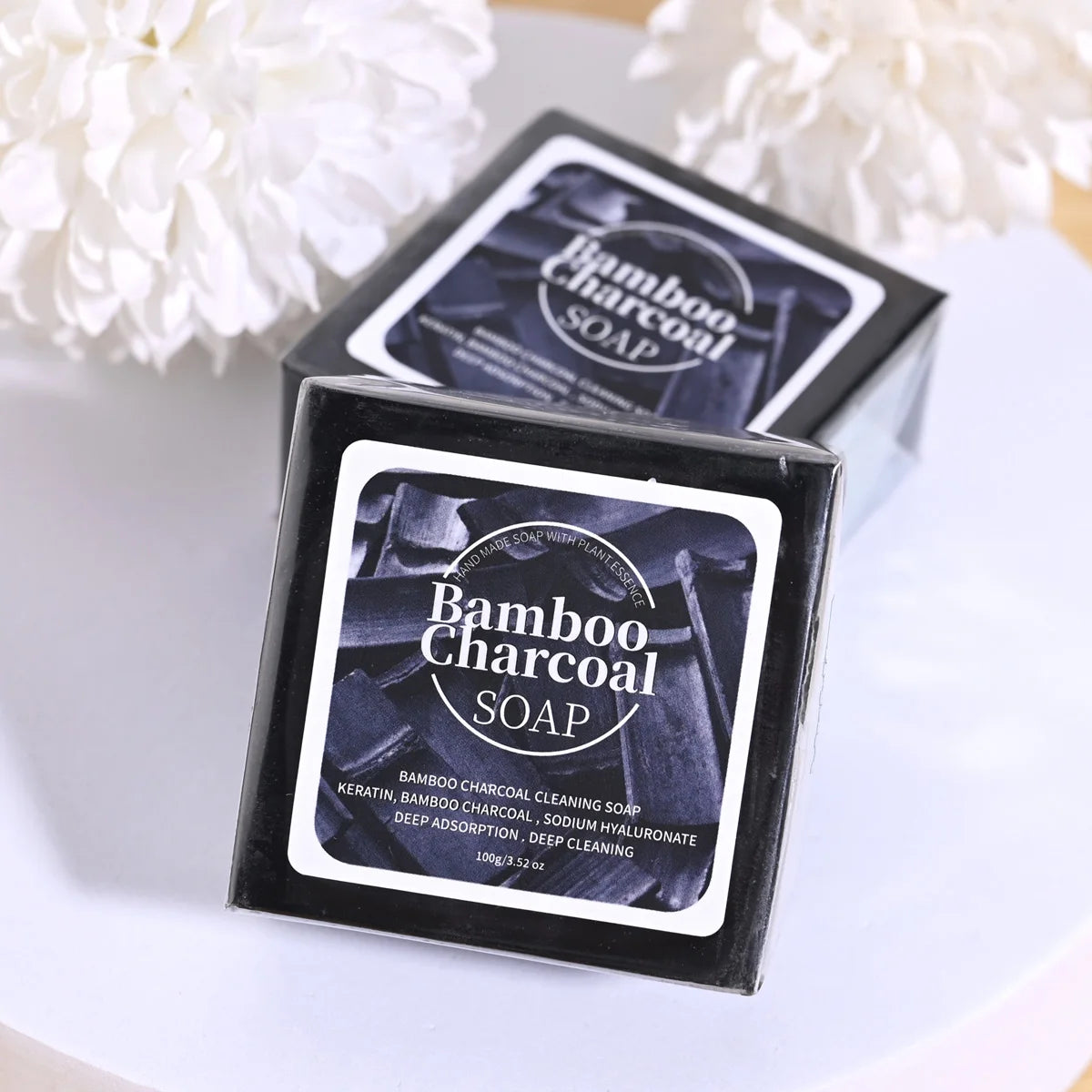 B+100G Bamboo Charcoal Powder Deep Cleansing Soap Plant Oil Soap Keratin Protein Men's Bath and Face Wash Handmade Soap
