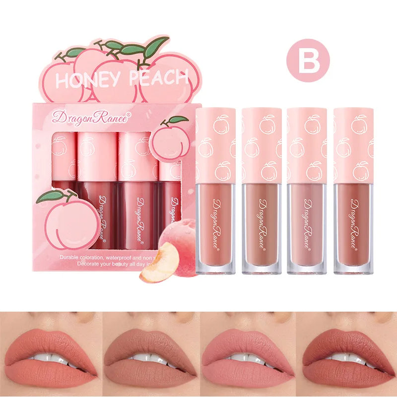 Mini Velvet Matte Lip Gloss Set, 4-Piece Non-Fading, Non-Stick Cup, Long-Lasting Fruit Scented Lip Tint, Smooth and Lightweight