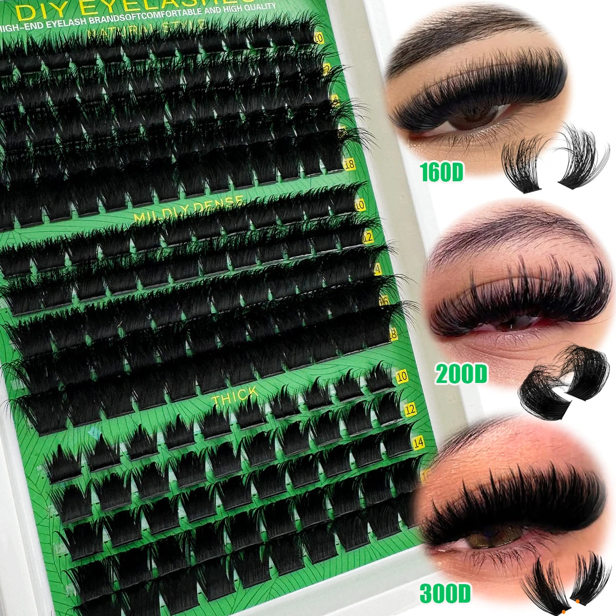 Spikes Lash Cluster 160D 200D 300D Thick Spiky Individuals Lashes 10-18mm Mega Wispy Eyelash Extension Fluff D Curly DIY at home