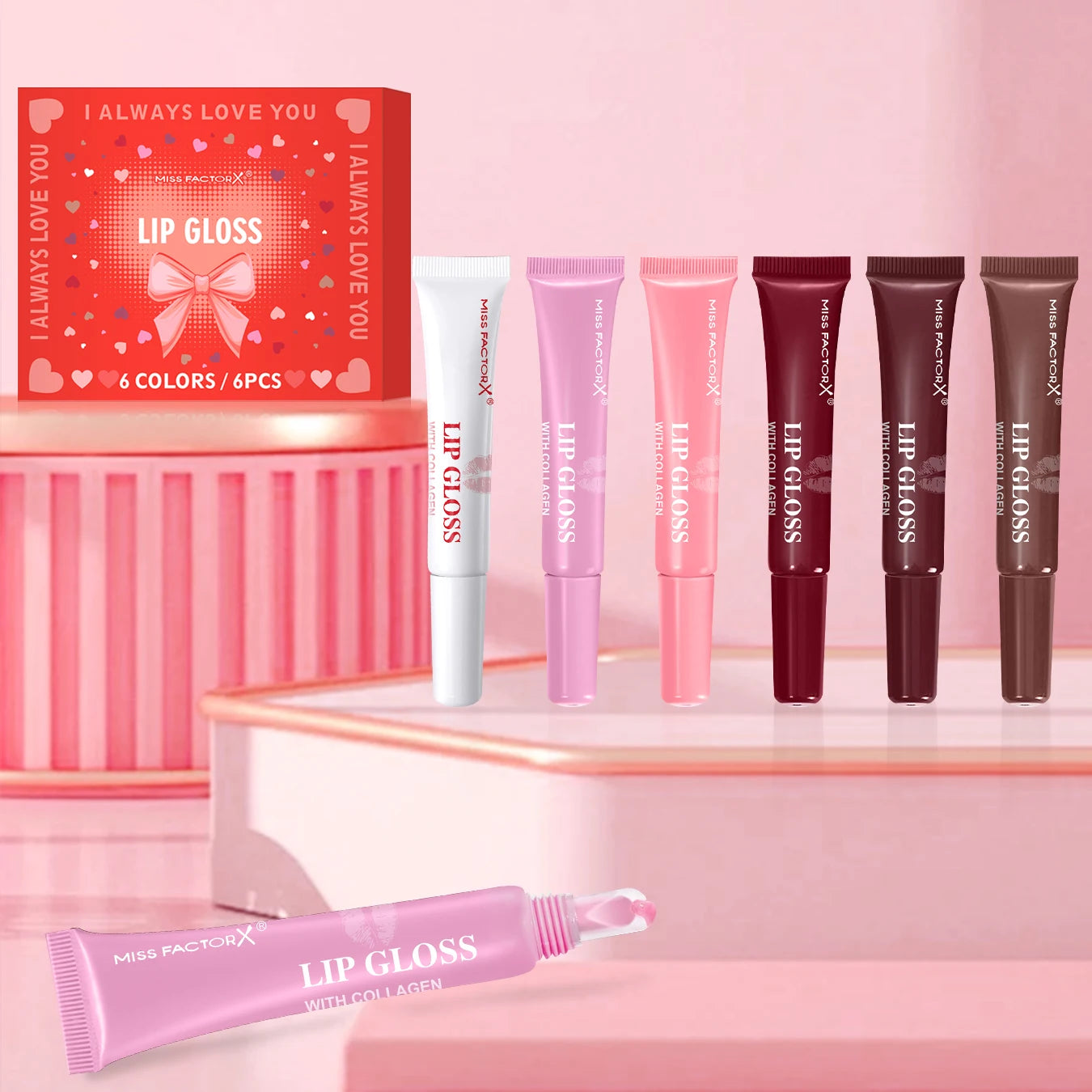 6pcs/box 6-color lip gloss set Unique gift set Long-lasting moisturizing Glossy lip color Valentine’s Day gift Thanksgiving gift