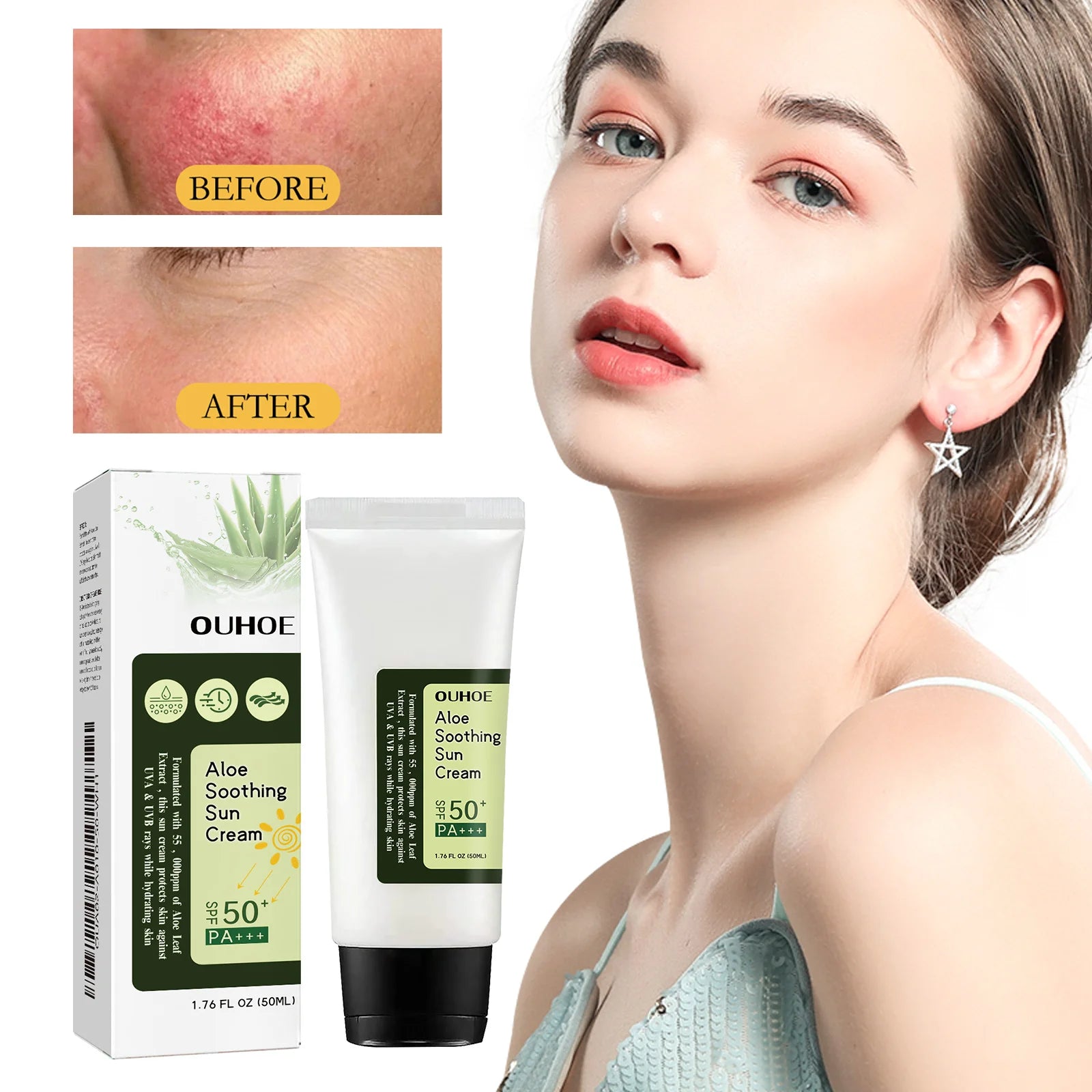 Aloe Vera Protective Cream Hydrating Refreshing UV SPF 50+ Isolation Sunscreen Moisturizing Facial Body for Daily Sun Protection