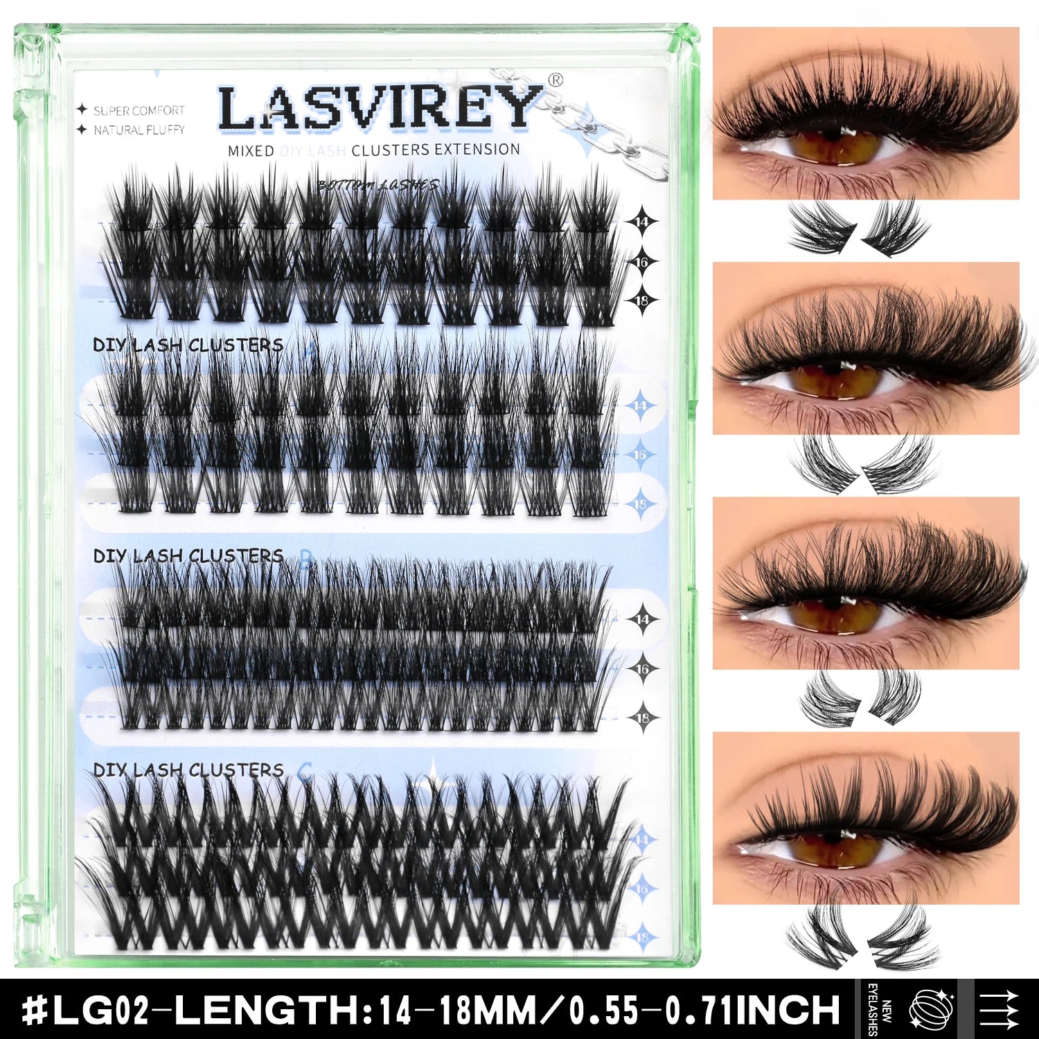 Lasvirey Cluster Lashes Kit DIY Fluffy Lash Clusters 4 IN 1 Mixed Full Set Individual Eyelashes Extension with Lash Bond & Seal